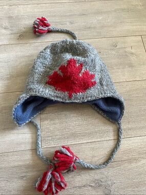 Kids Grey Knit Earflap Hat with Red Maple Leaf Accent canada Canadiana